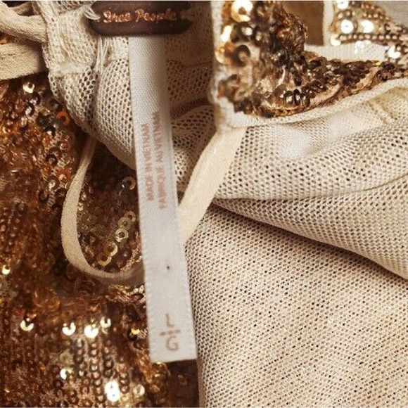 Free People Lights Out Gold Sequin Halter Tank Top Open Tie Back Large EUC - Picture 5 of 6